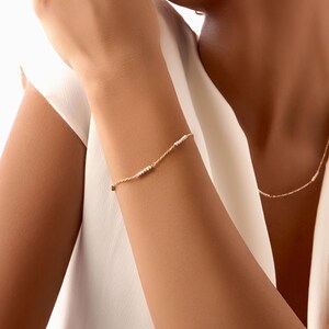14K Solid Gold Tri-Color Beaded Bracelet | Dainty Multi-Station Satellite Bracelet