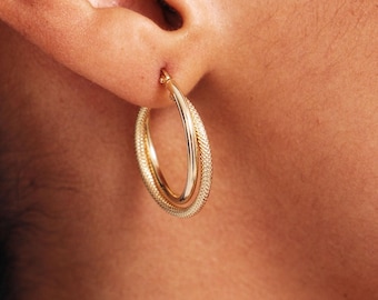 14K Solid Gold Double Hoop Earrings: Textured Intertwined Circles