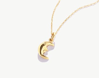 14K Solid Gold Moon Necklace: Celestial Crescent Pendant
