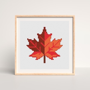 May include: A framed cross-stitch art piece featuring a stylized maple leaf. The leaf is rendered in shades of brown, orange, and red, with a geometric, pixelated design. The artwork is set against a white background and framed in light wood.