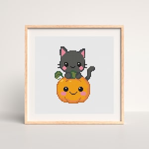 Halloween Pumpkin & Black Cat - Cross Stitch Pattern - PDF Digital Download