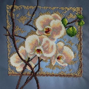 Finished Beaded Embroidery “Orchid Blossoms” – Handmade Beadwork Wall Art, Floral Decor