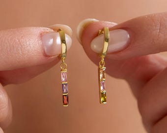 Birthstone Earrings, Baguette Earrings, Silver Dangle Birthstone Earrings, Minimalist Dainty Earrings, Mothers Day Gifts, Gift for Her