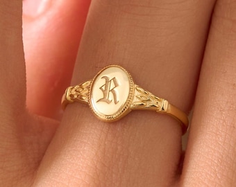14k Signet Ring, Personalized Pinky Initial Ring, Custom Letter Jewelry, Gold Statement Ring, Birthday Gift, Christmas Gift, Gift for Mom