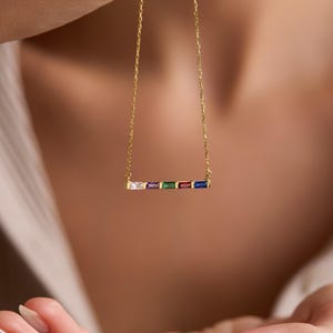 14K Gold Baguette Birthstone Necklace, Personalized Family Jewelry, Custom Gift for Her, Minimalist Anniversary Necklace, Mother’s Day Gift