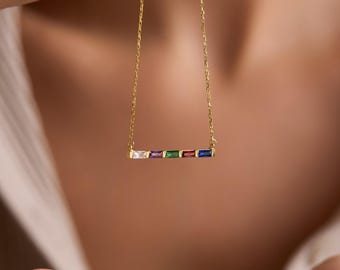 14K Gold Baguette Birthstone Necklace, Personalized Family Jewelry, Custom Gift for Her, Minimalist Anniversary Necklace, Mother’s Day Gift