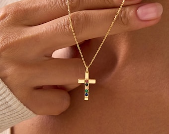 Personalized Birthstone Cross Necklace - Custom Cross Jewelry, Dainty Pendant, Mothers Day Gift, Christmas Gift, Baptism Gift for Her