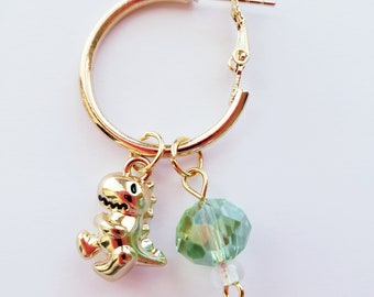 Gold Kawaii Dino Dinosaur Hoop Earrings Dangle Charms