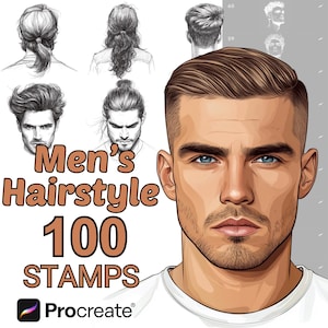 May include: A digital illustration of 100 men's hairstyle stamps for Procreate. The image shows a variety of hairstyles, including short, medium, and long styles. The text "Men's Hairstyle 100 STAMPS" is displayed in the centre of the image.
