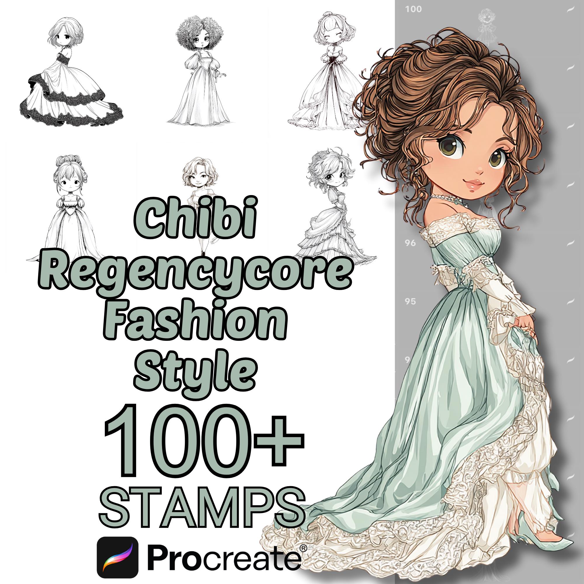 Pinceles de moda Regencycore para Procreate Chibi | Set de más de 100 sellos de ropa y vestidos cartoon