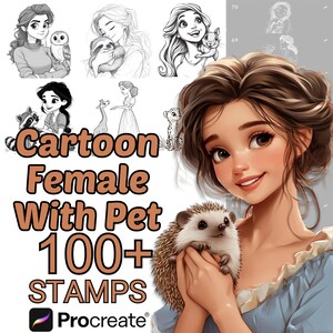 Pinceles de Procreate para mujeres de dibujos animados con mascotas / Más de 100 sellos de Procreate para mujeres de dibujos animados con animales / Kawaii / Lindo / Retrato chibi / Animales