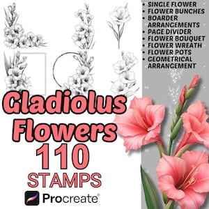 Procreate Gladiolus Flowers Brushes | 110+ Gladiolus Flower Procreate Stamps | Floral Arrangements Procreate | Botanical Procreate | Nature