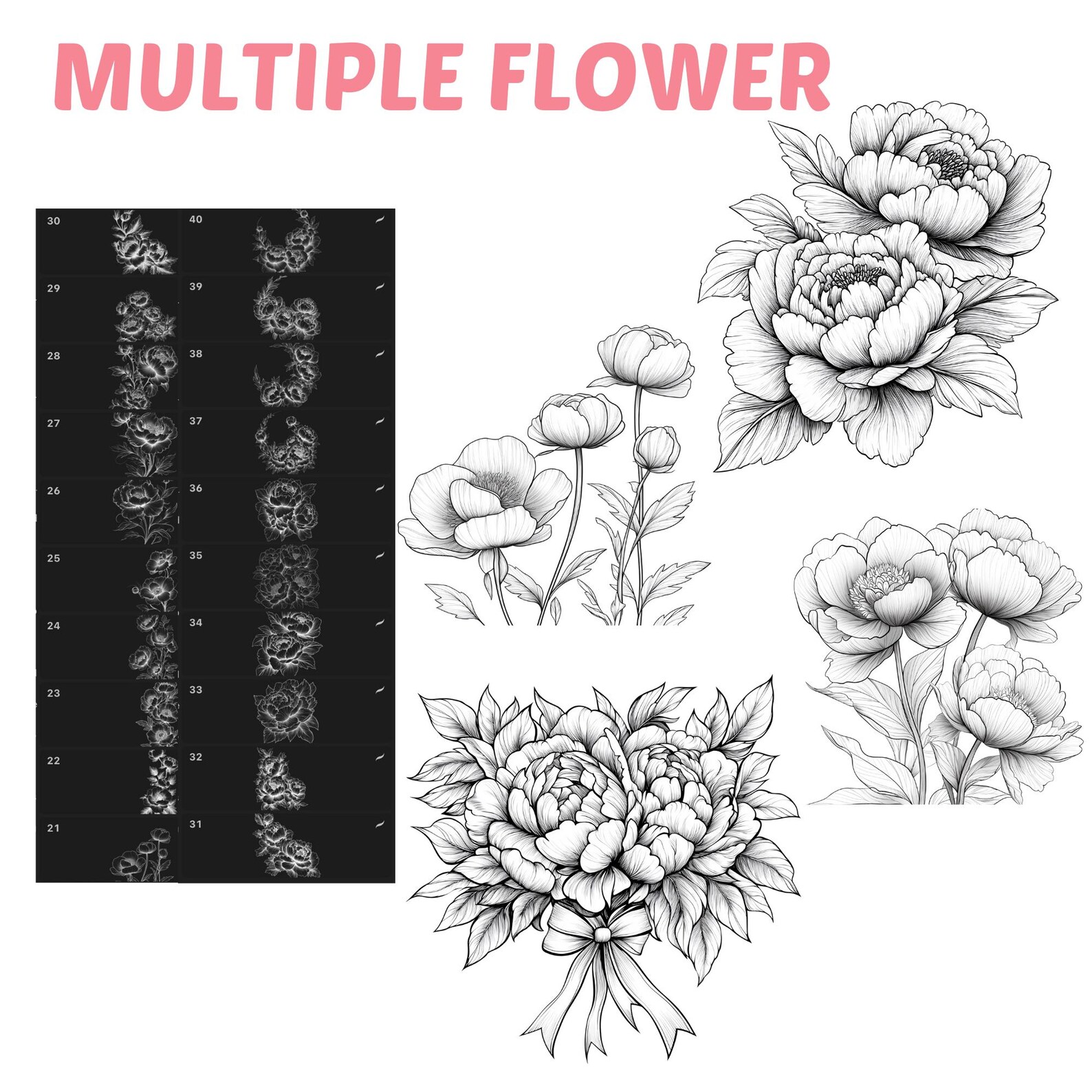 Procreate Peony Flowers Brushes | 100+ Peony Flower Procreate Stamps ...
