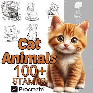 Pinceles de animales felinos para Procreate / Más de 100 sellos de animales felinos para Procreate / Animales de safari, salvajes, del bosque y de granja / Dibujos animados / Realistas / Mascotas