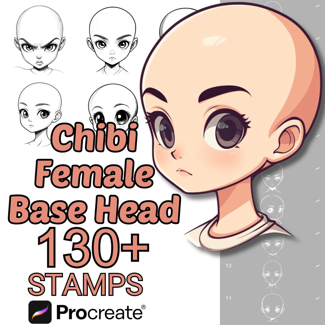 Procreate Chibi Female Base Head Brushes | 130+ Cute Chibi Faces ...