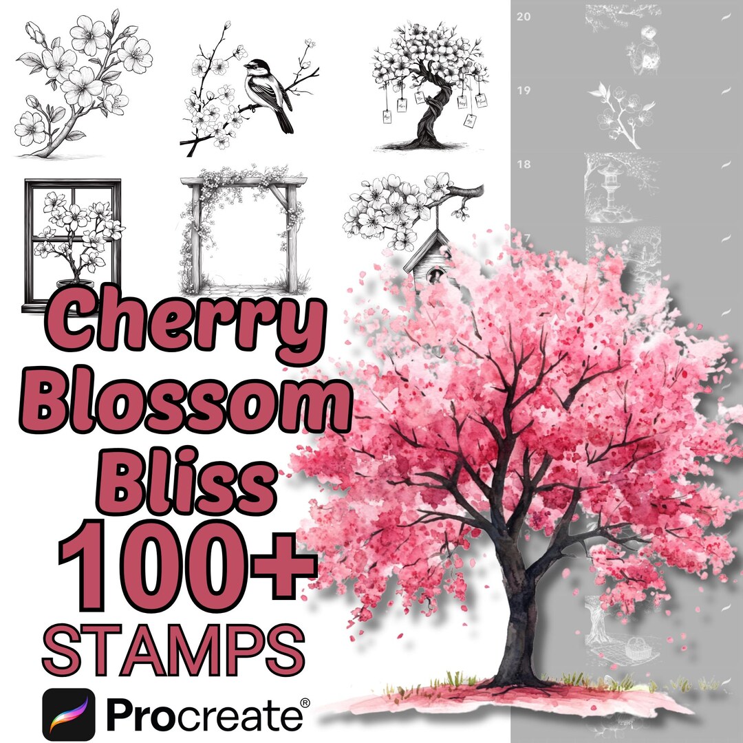 Procreate Cherry Blossom Flowers Brushes | 100+ Flower Procreate Stamps ...