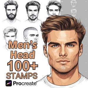 May include: A digital illustration of a man's face with different hairstyles. The text "Men's Head 100+ STAMPS Procreate" is displayed on the image.