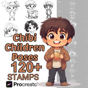 Pinceles para poses de niños chibi de Procreate / Más de 120 adorables poses de bebés chibi para Procreate / Sellos kawaii para Procreate / Lindos para Procreate / Procreate