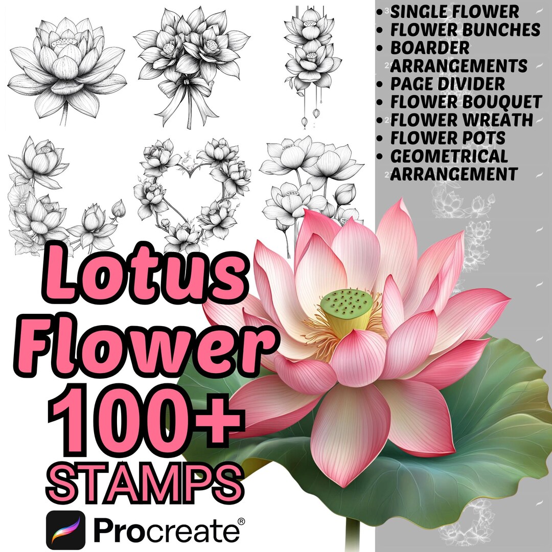Procreate Lotus Flowers Brushes | 100+ Lotus Flower Procreate Stamps ...