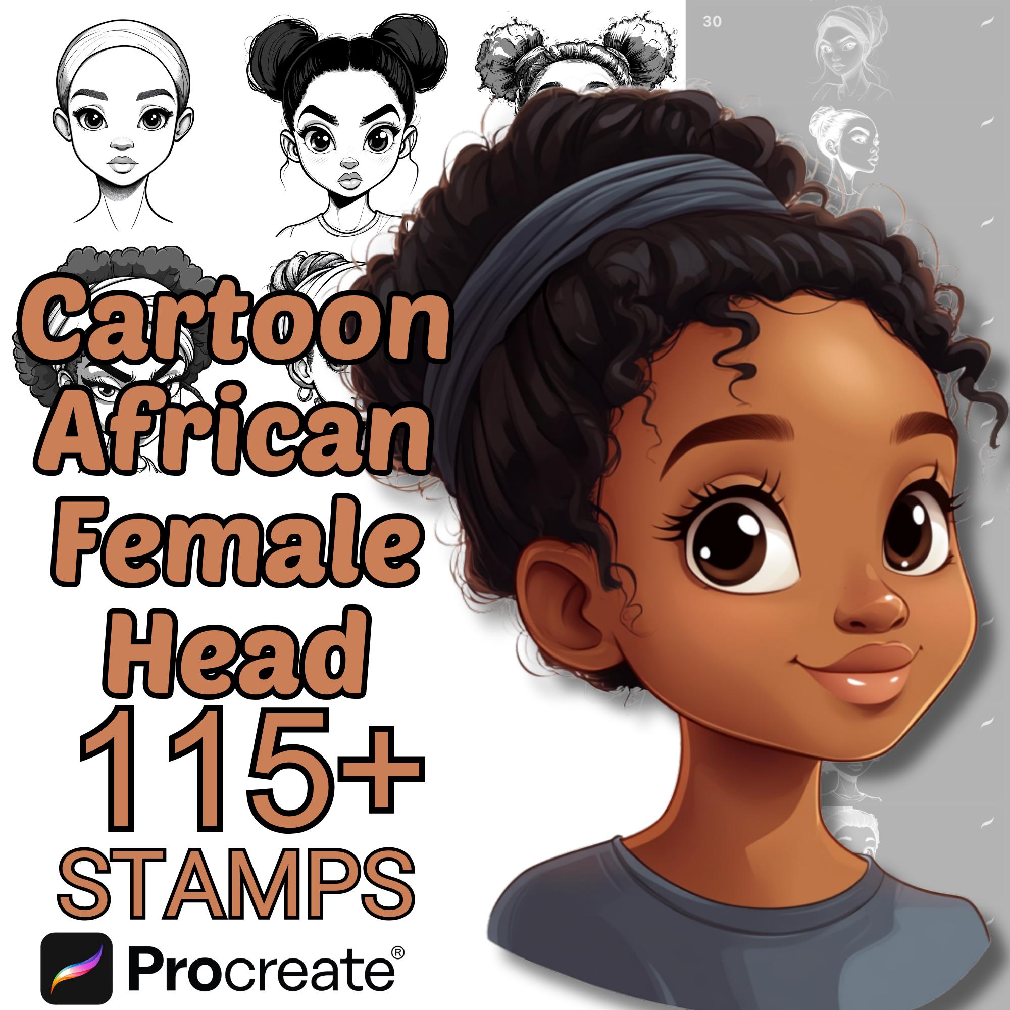 Procreate Cartoon African Female Head Stamp Brushes | 100+ Kawaii Chibi Portrait Stamps for Procreate