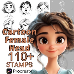 Pinceles de cabeza femenina de dibujos animados para Procreate / Más de 100 sellos de cabeza femenina de dibujos animados para Procreate / Kawaii / Lindo / Retrato Chibi para Procreate / Dibujo femenino de dibujos animados