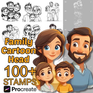 May include: A set of 100+ cartoon family head stamps for Procreate. The stamps feature a variety of head shapes, hairstyles, and facial expressions. The stamps are perfect for creating custom family portraits, illustrations, and other creative projects.
