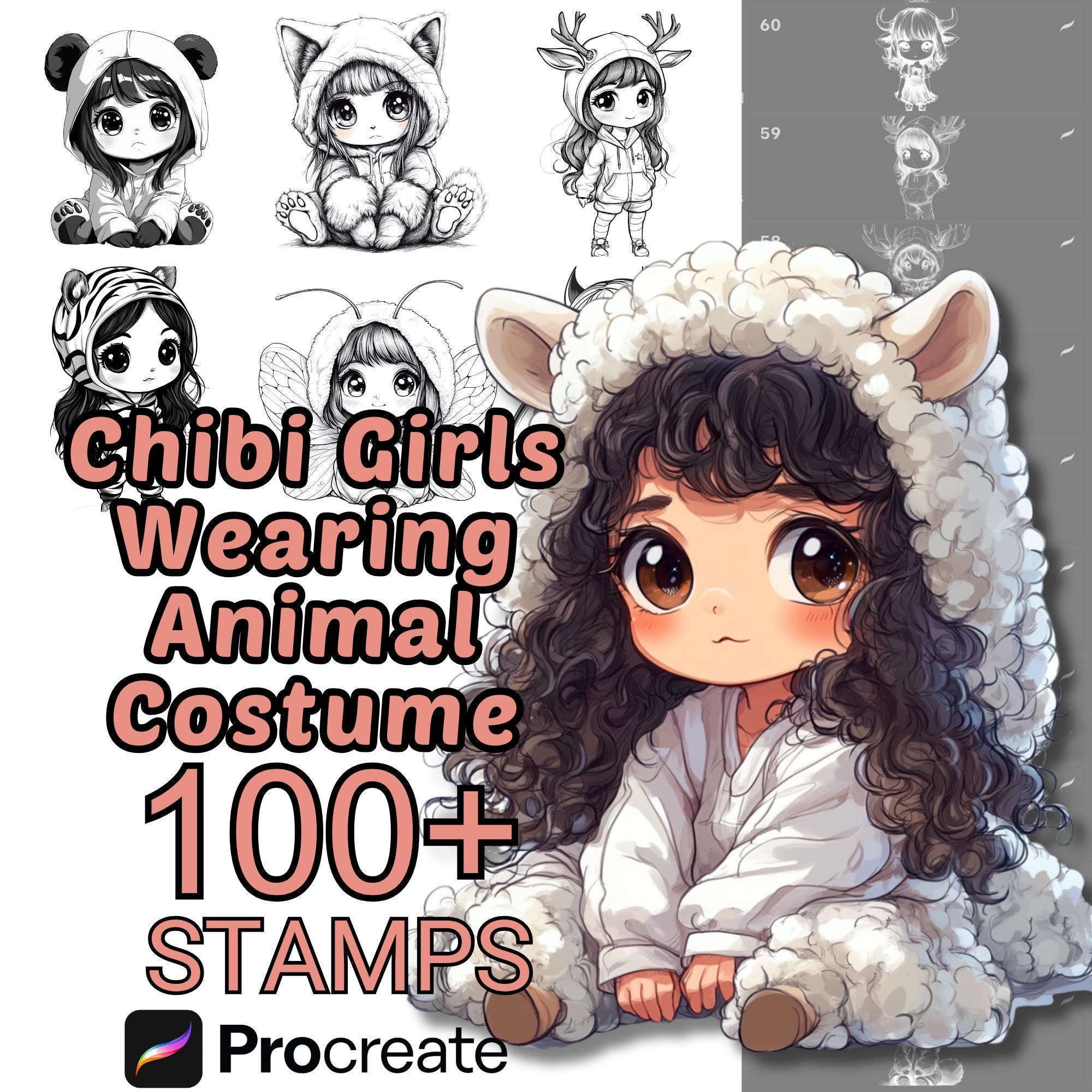 Procreate Pinceles de sello Chibi niña con disfraz de animal | 100+ poses kawaii y tiernas para Procreate
