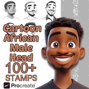 Pinceles de cabeza masculina africana de dibujos animados para Procreate / Más de 100 sellos de Procreate de cabeza masculina de dibujos animados / Kawaii / Lindo / Retrato Chibi para Procreate / Humano