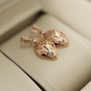Ruby Cz snake head earrings snake drop earrings post back 925 silver 18k rose gold plated