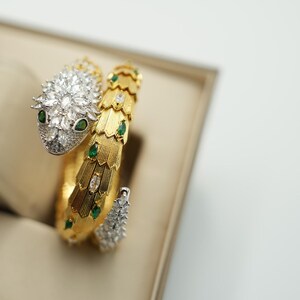 Green Cz snake head bangle viper bracelet 925 silver 18k gold plated Serpenti bracelet
