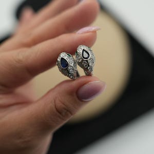 Blue Cz snake head earrings snake viper earrings post back  925 silver 18k white gold plated