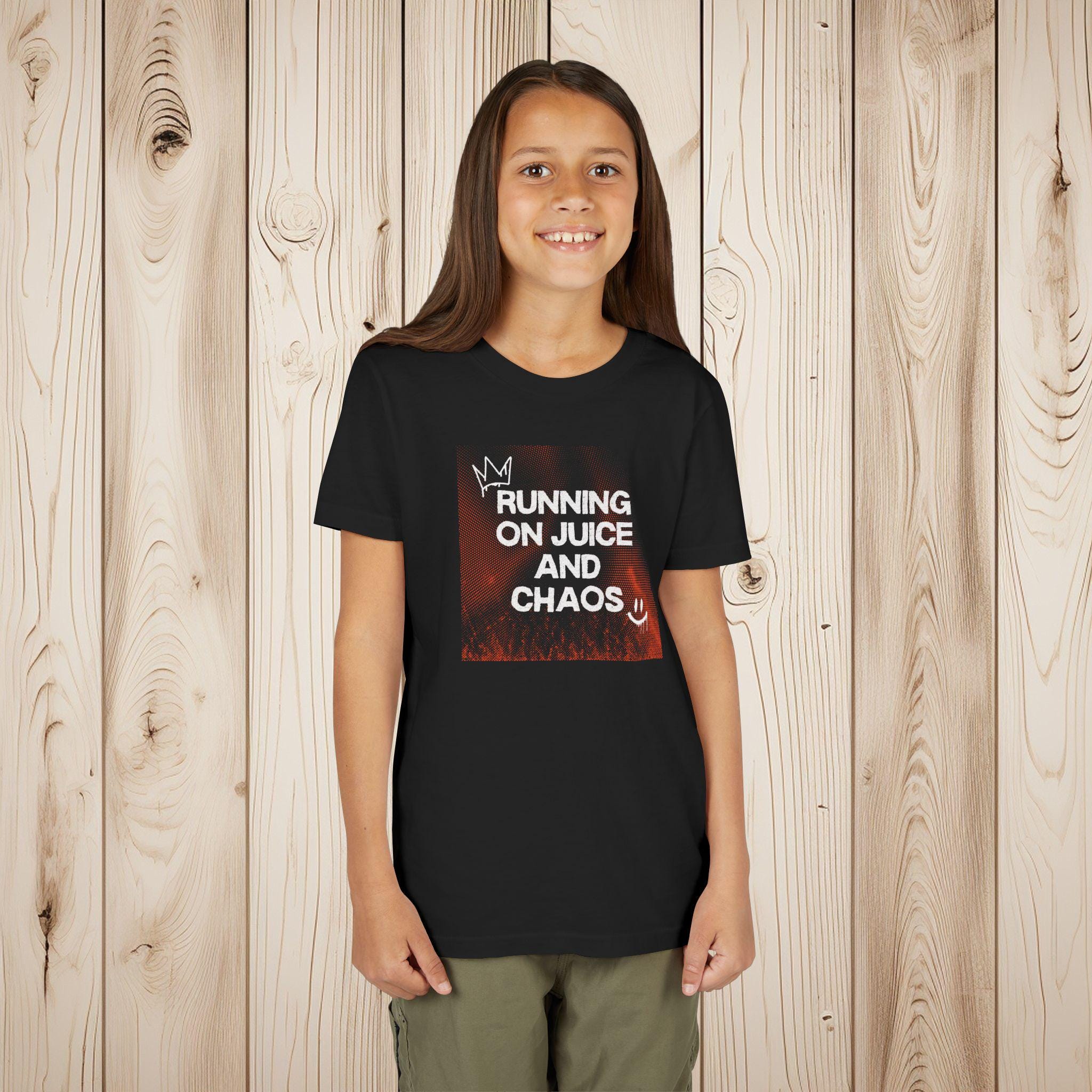 Running on Juice and Chaos Youth T-Shirt, Bella Canvas 3001Y Kids Tee, High Energy Kid Shirt, Soft Cotton Graphic Tee, Toddler & Youth Sizes