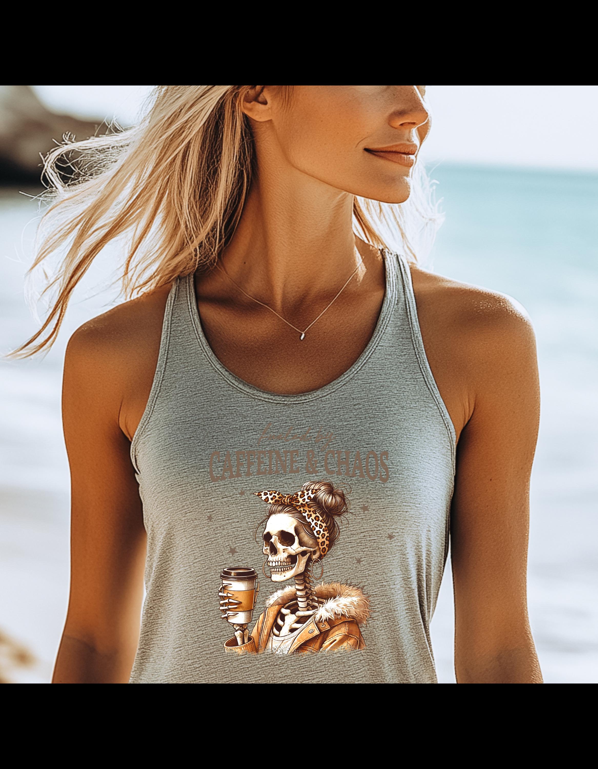 Fueled by Caffeine & Chaos Tank Top - Skeleton Coffee Graphic Tank, Spooky Coffee Lover Gift, Chaos Crew Top - Thumbnail 3