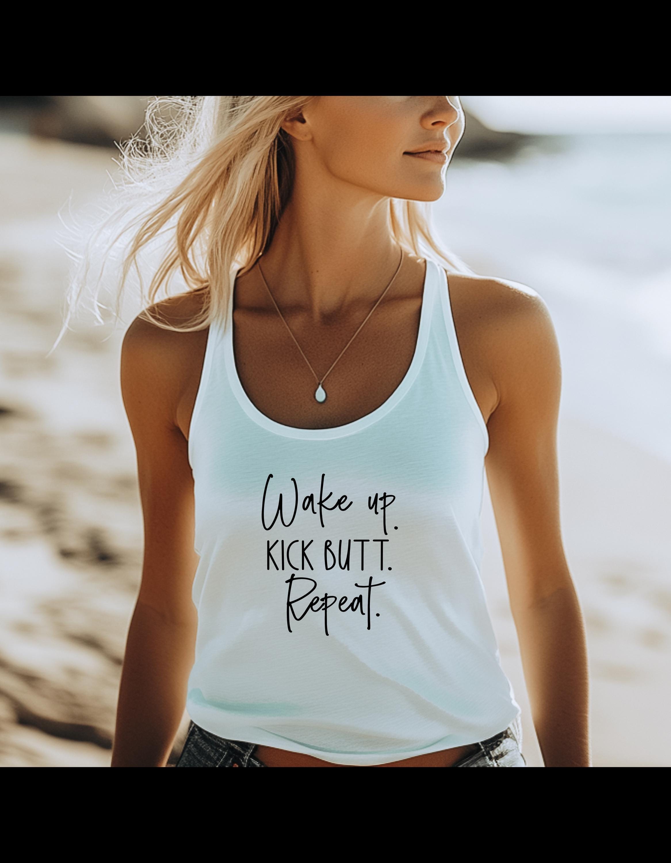 Wake Up Kick Butt Repeat Tank Top : Motivational Workout Shirt, Next Level 1533 Racerback, Fitness Gym Tank for Women, Girl Boss Activewear - Thumbnail 2