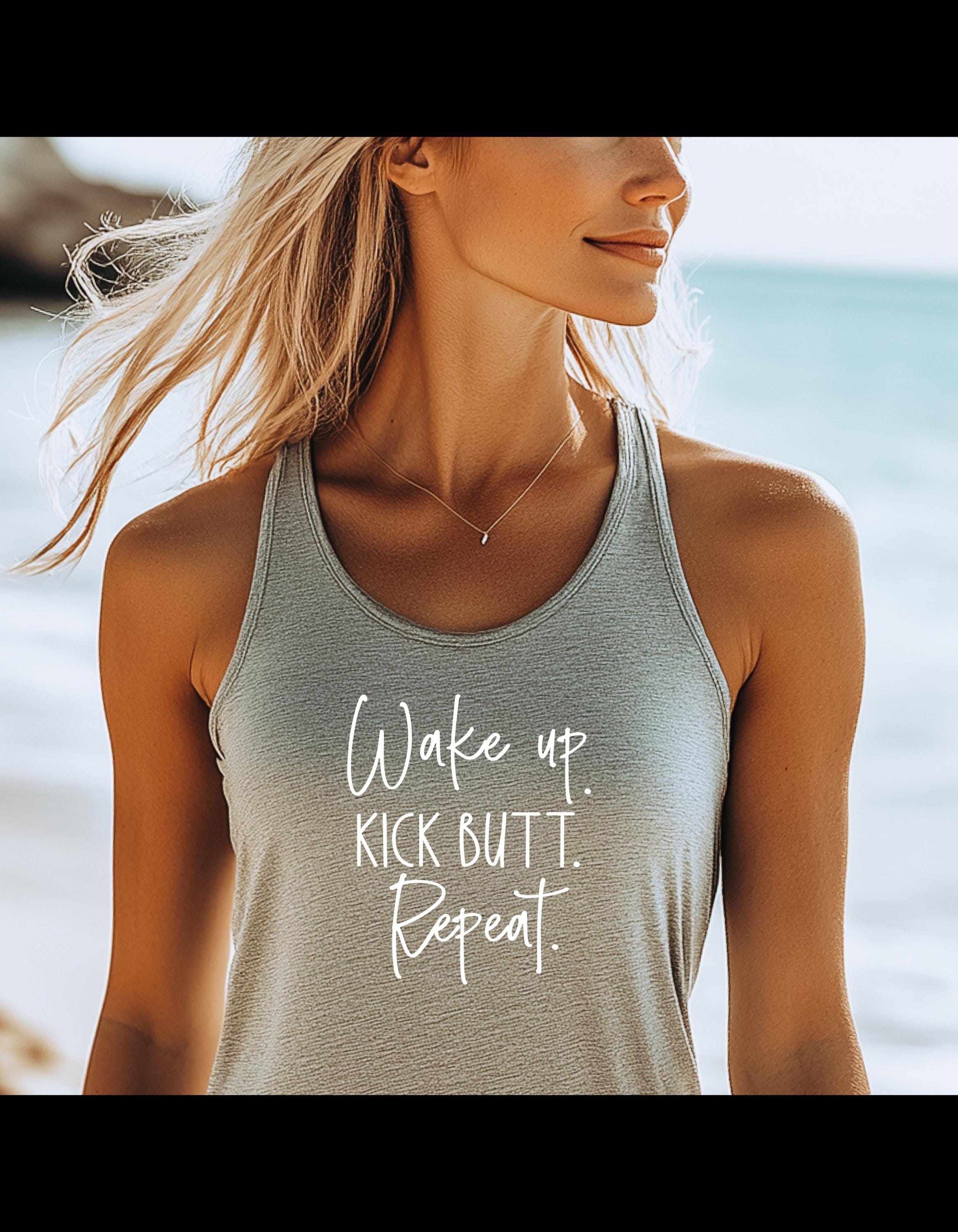 Wake Up Kick Butt Repeat Tank Top : Motivational Workout Shirt, Next Level 1533 Racerback, Fitness Gym Tank for Women, Girl Boss Activewear - Image 1