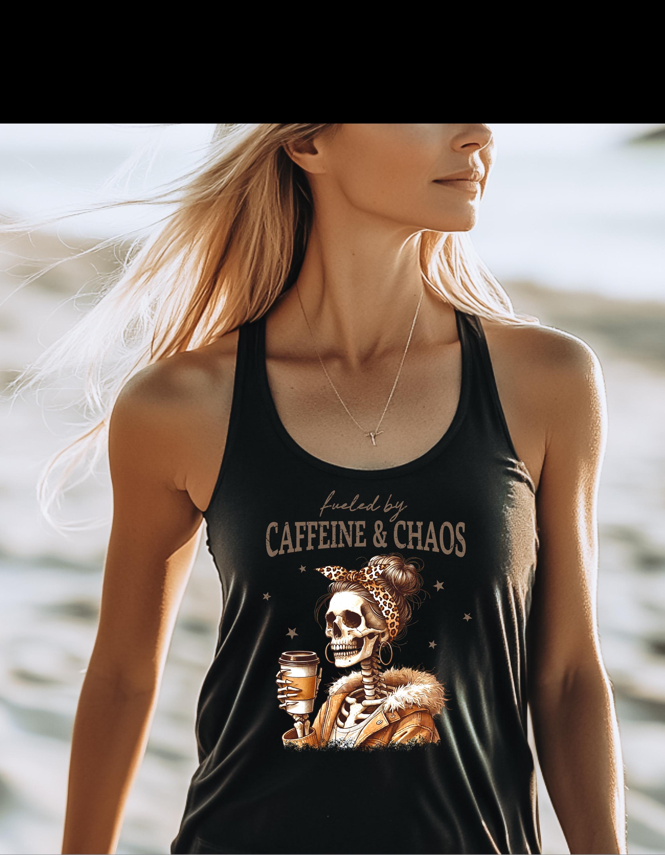 Fueled by Caffeine & Chaos Tank Top - Skeleton Coffee Graphic Tank, Spooky Coffee Lover Gift, Chaos Crew Top - Thumbnail 5