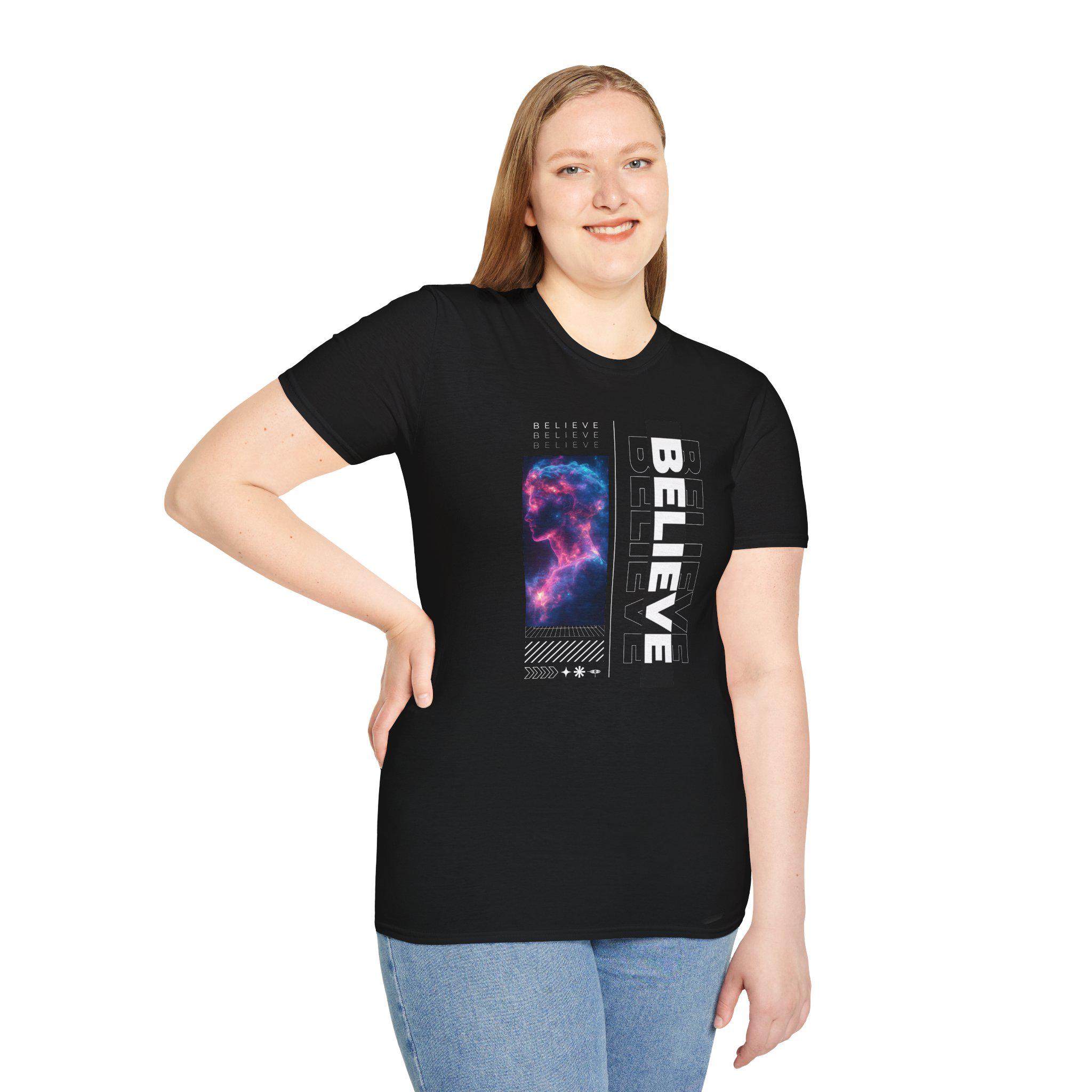 Galaxy Themed Tee - 'Believe' Graphic Tee, Casual Wear, Gift for Dreamers, Halloween, Space Lovers, Everyday Style - Thumbnail 2