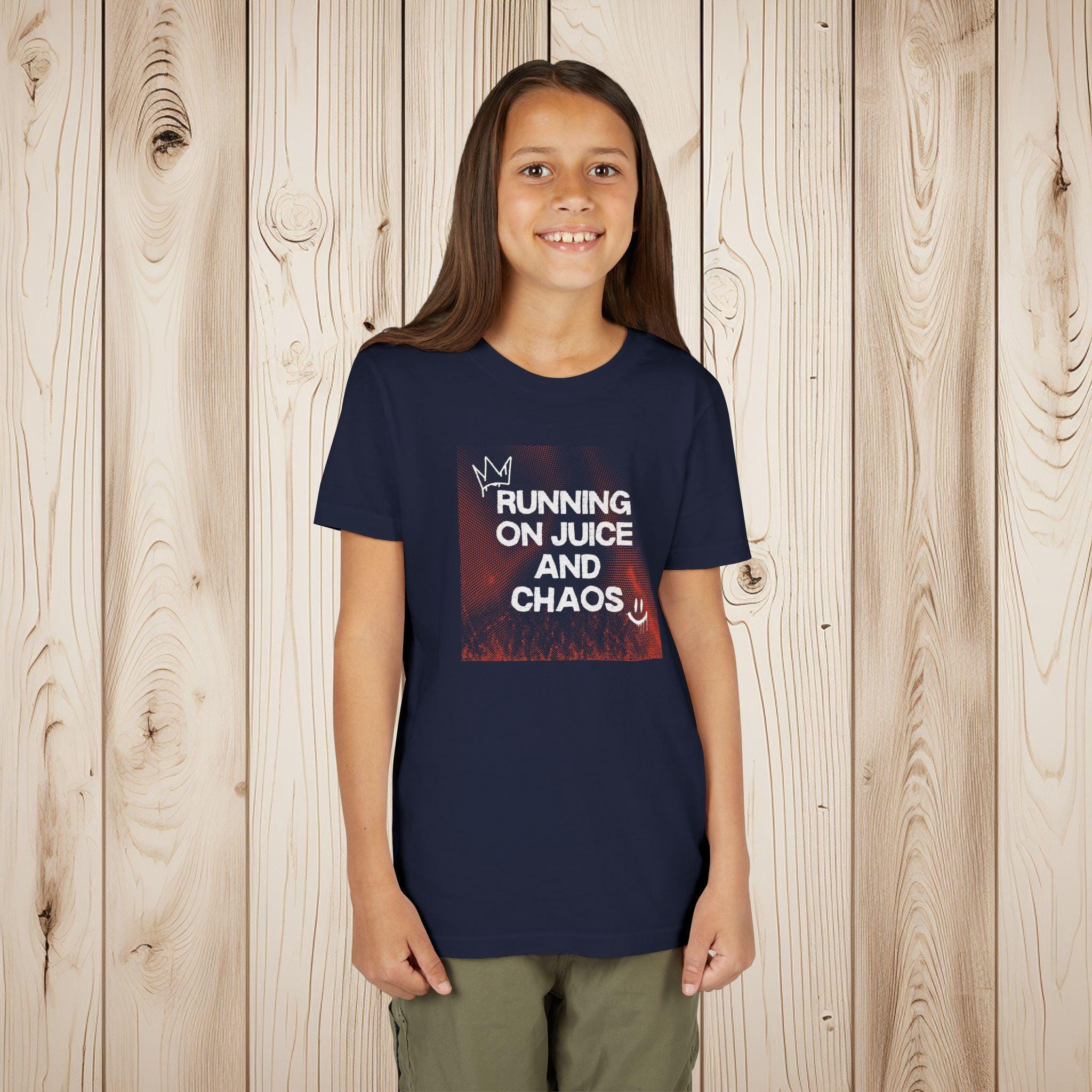 Running on Juice and Chaos Youth T-Shirt, Bella Canvas 3001Y Kids Tee, High Energy Kid Shirt, Soft Cotton Graphic Tee, Toddler & Youth Sizes - Thumbnail 3