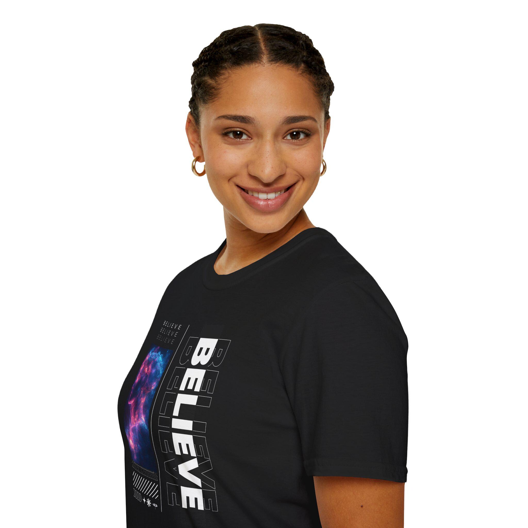 Galaxy Themed Tee - 'Believe' Graphic Tee, Casual Wear, Gift for Dreamers, Halloween, Space Lovers, Everyday Style - Thumbnail 4