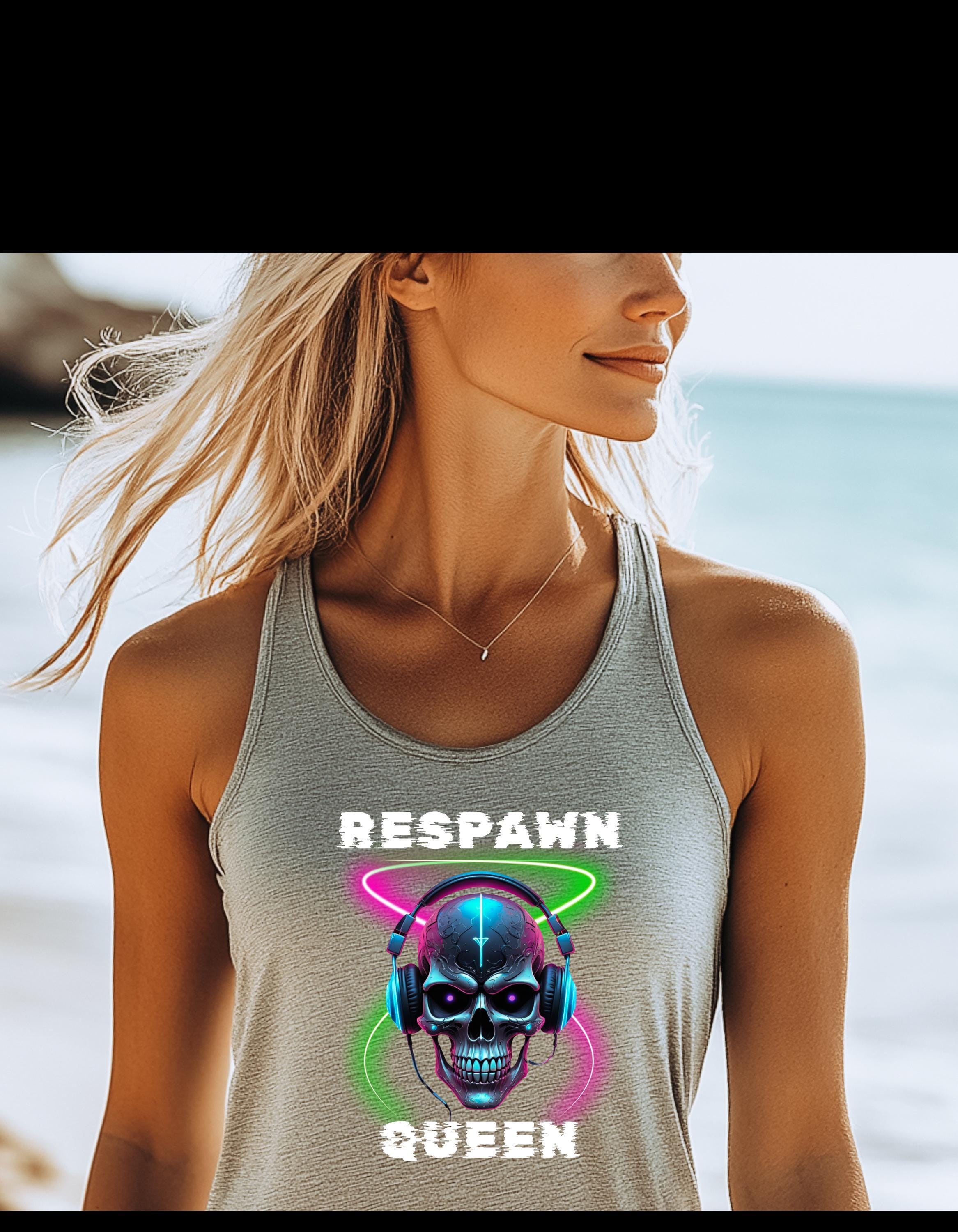 Respawn Queen Tank Racerback Top - Gamer Girl Graphic Shirt, Funny Gaming & Workout Tank, Cute Nerdy Video Game Aesthetic - Thumbnail 2