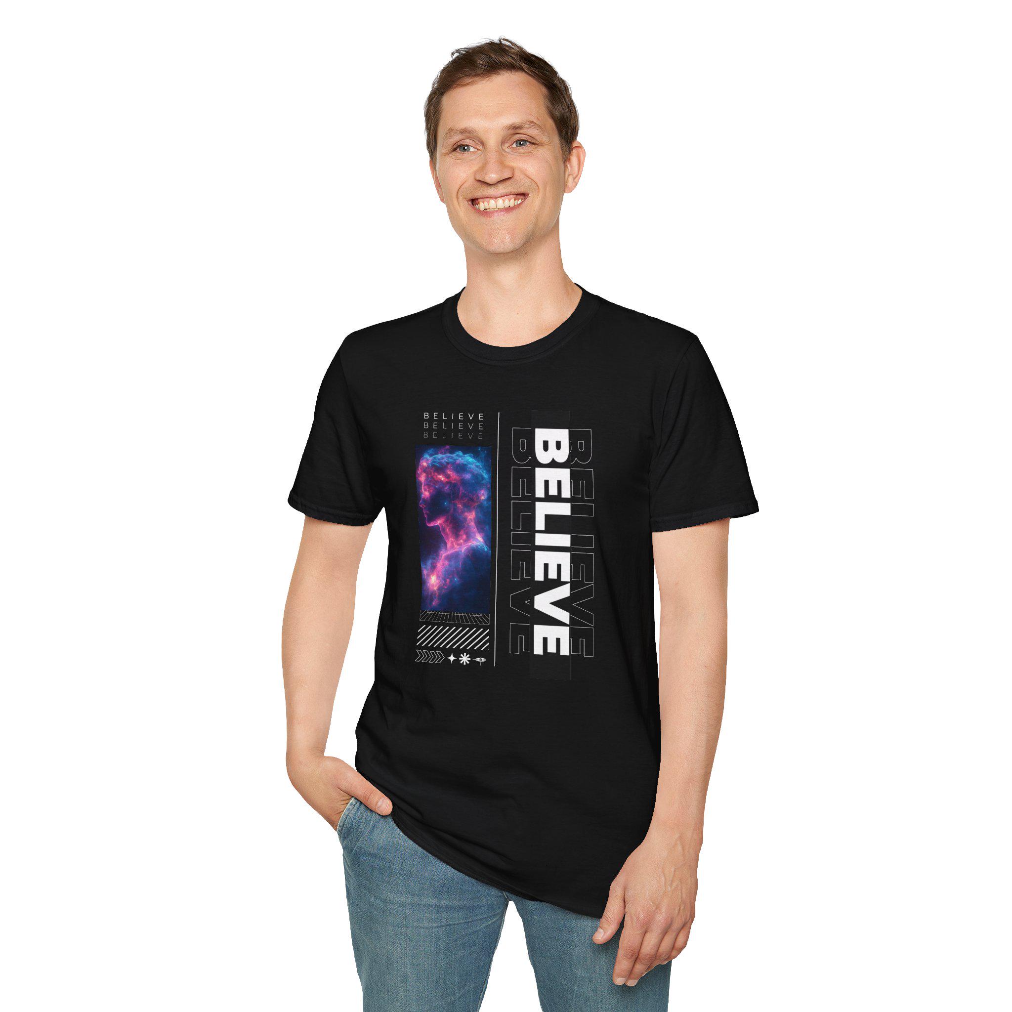 Galaxy Themed Tee - 'Believe' Graphic Tee, Casual Wear, Gift for Dreamers, Halloween, Space Lovers, Everyday Style - Thumbnail 3