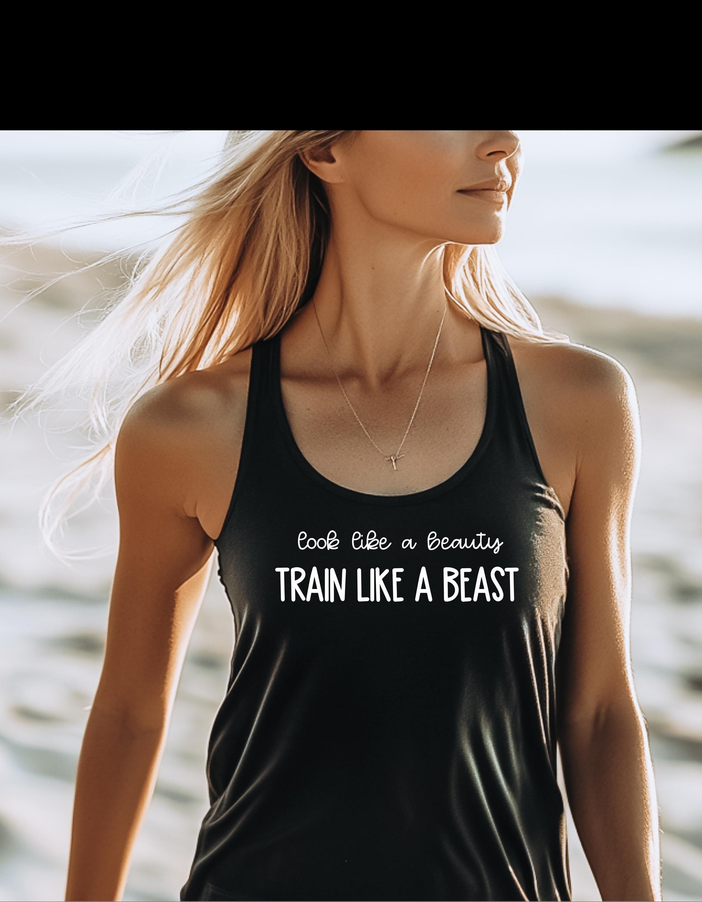 Motivational Gym Tank Top for Women - Look Like a Beauty Train Like a Beast Workout Shirt, Strong Woman Fitness Aesthetic - Thumbnail 5