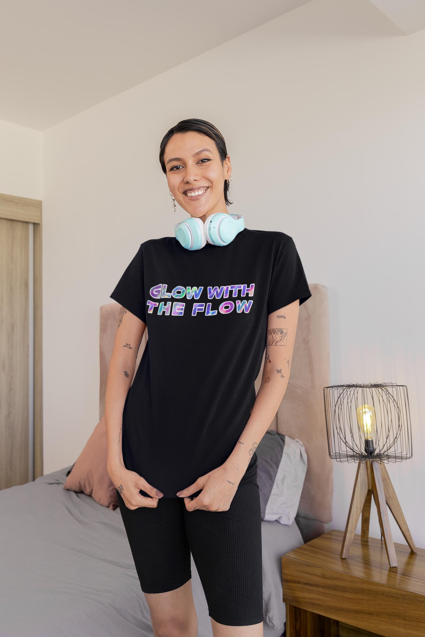 Glow With The Flow T-Shirt, Neon Rave Shirt, Gildan 64000 Unisex Tee, Festival EDM Graphic, Funny Party Quote, Club Vibes Tee - Thumbnail 3