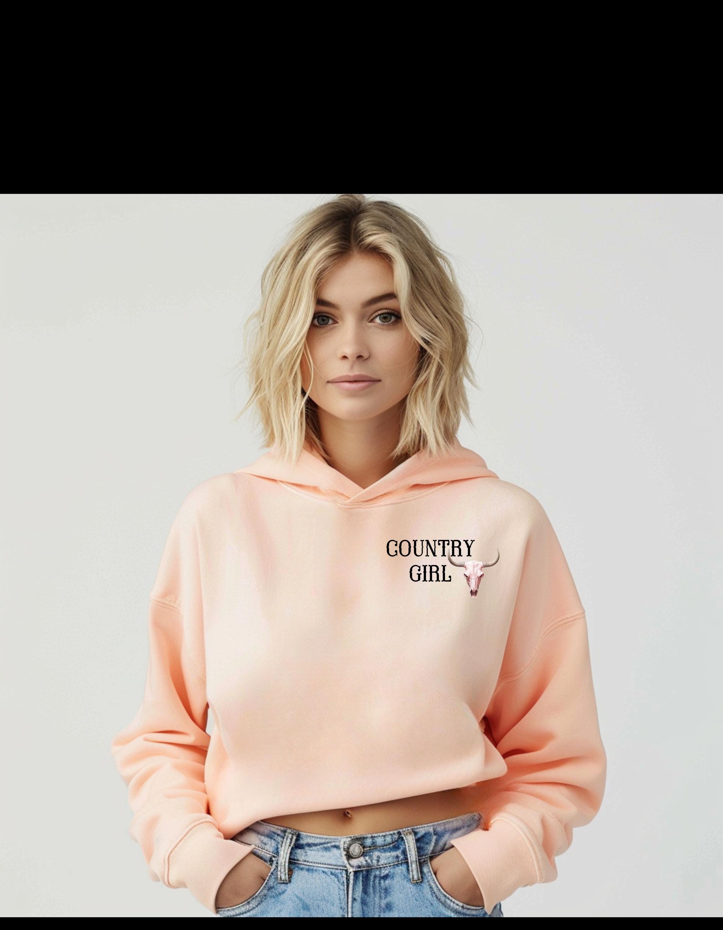 Country Girl Crop Top Hoodie : Western Cow Head Design, Cute Southern Cowgirl Sweatshirt, Rodeo Outfit, Farm Aesthetic, Trendy Country Style - Thumbnail 2