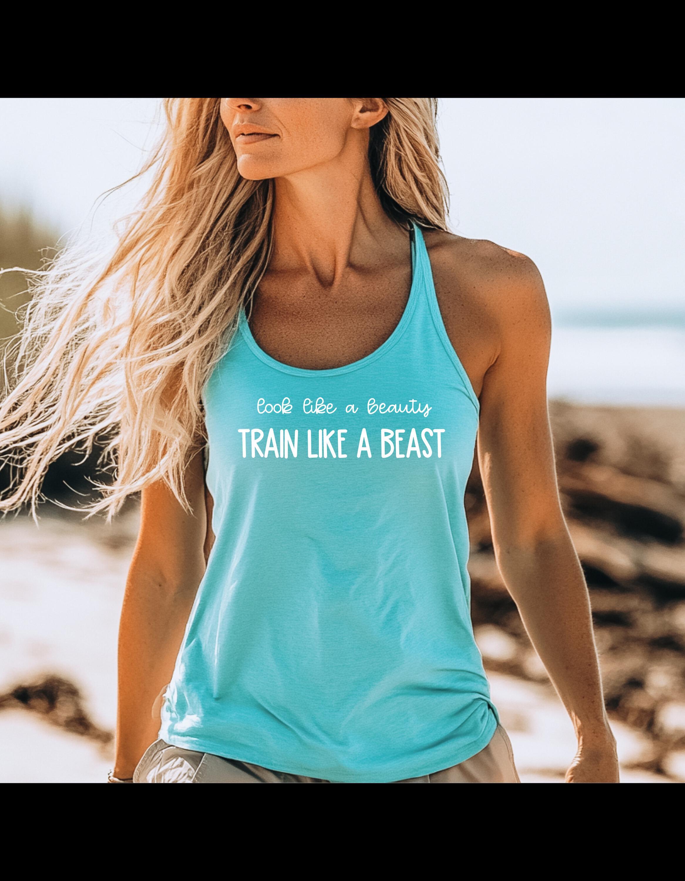 Motivational Gym Tank Top for Women - Look Like a Beauty Train Like a Beast Workout Shirt, Strong Woman Fitness Aesthetic - Thumbnail 2