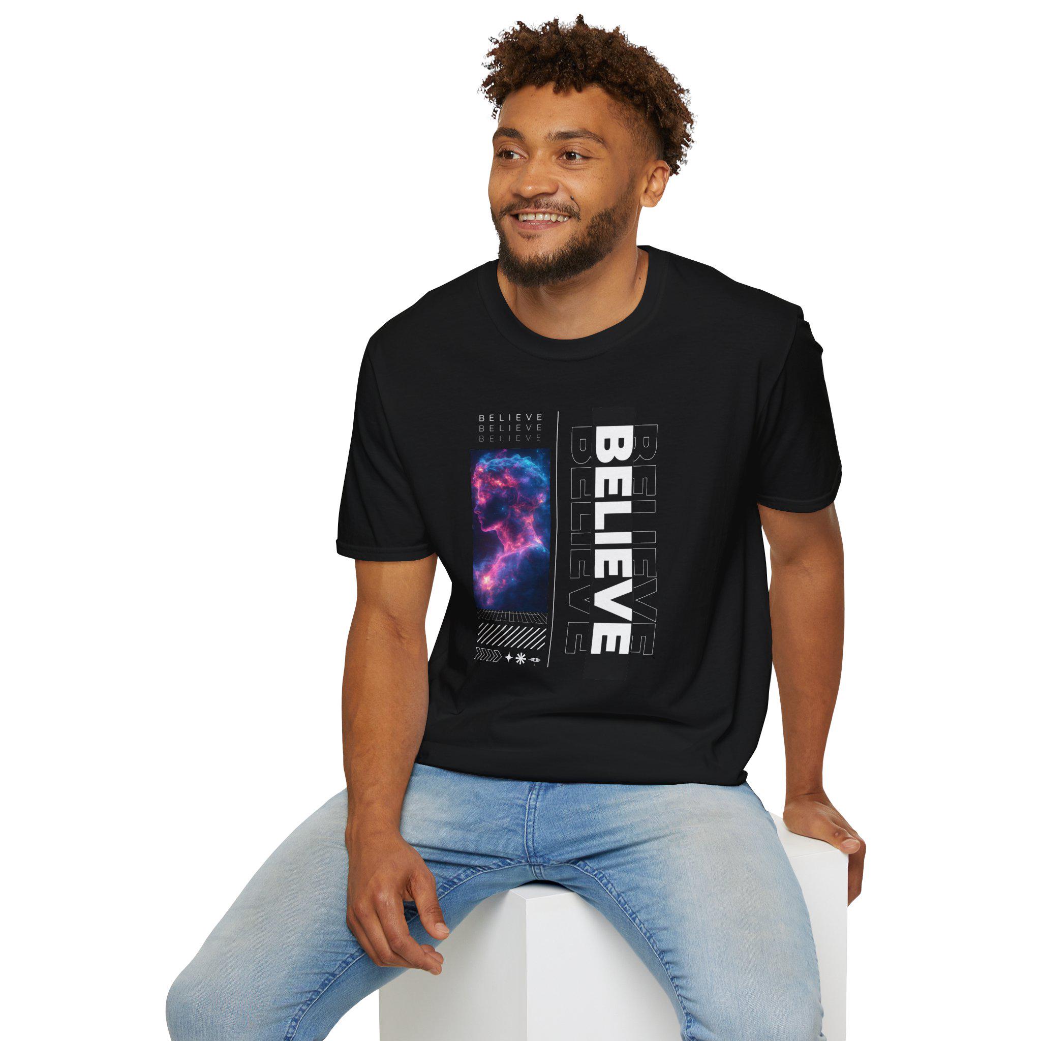 Galaxy Themed Tee - 'Believe' Graphic Tee, Casual Wear, Gift for Dreamers, Halloween, Space Lovers, Everyday Style - Thumbnail 6