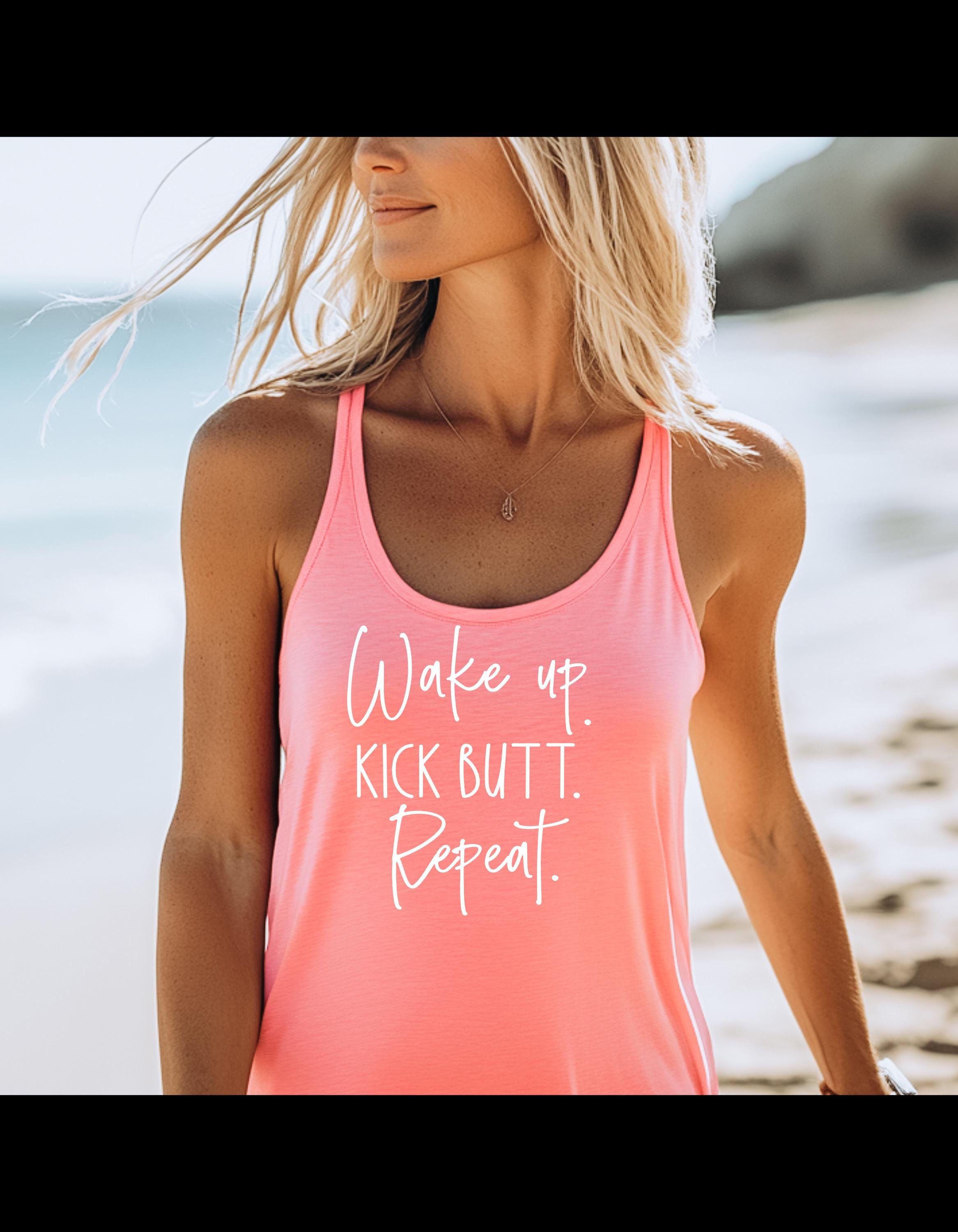 Wake Up Kick Butt Repeat Tank Top : Motivational Workout Shirt, Next Level 1533 Racerback, Fitness Gym Tank for Women, Girl Boss Activewear - Thumbnail 4
