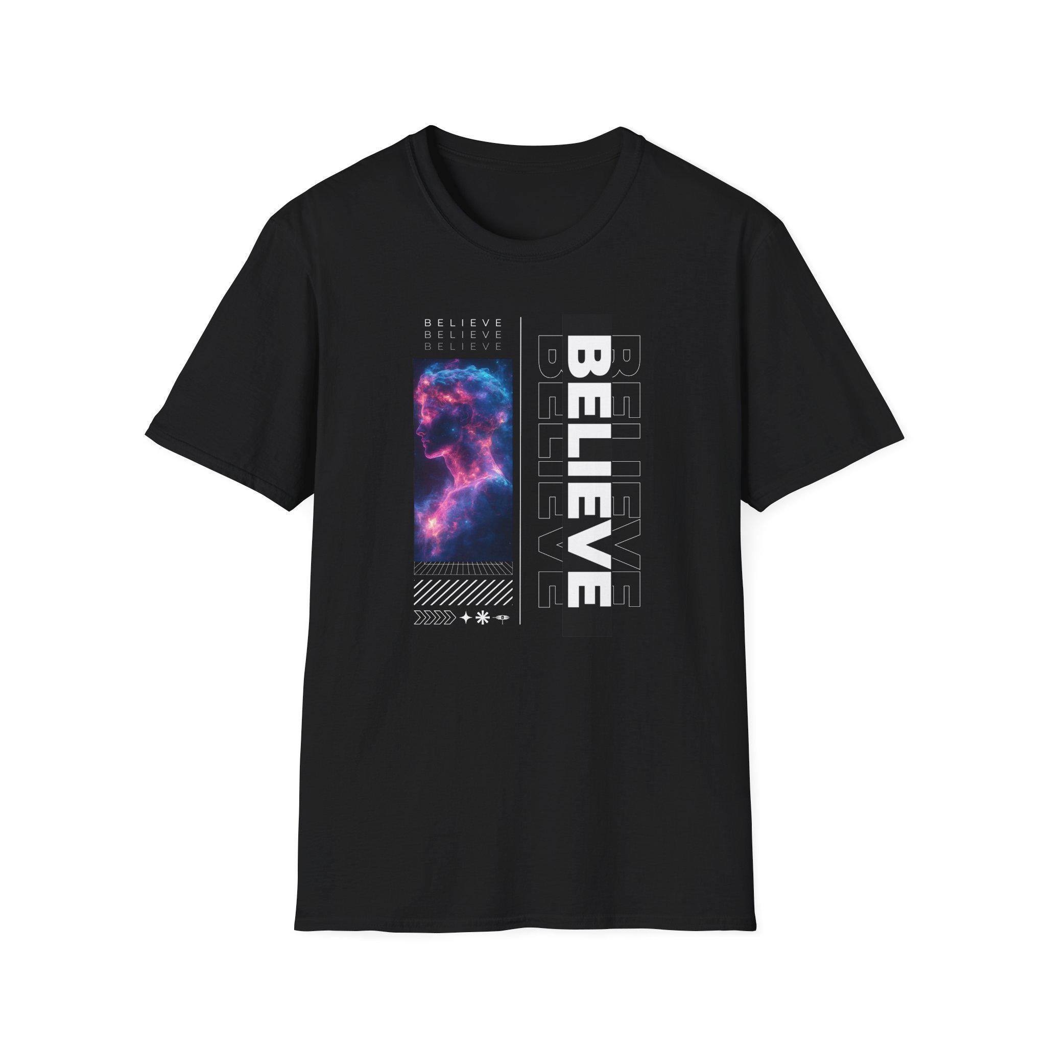 Galaxy Themed Tee - 'Believe' Graphic Tee, Casual Wear, Gift for Dreamers, Halloween, Space Lovers, Everyday Style