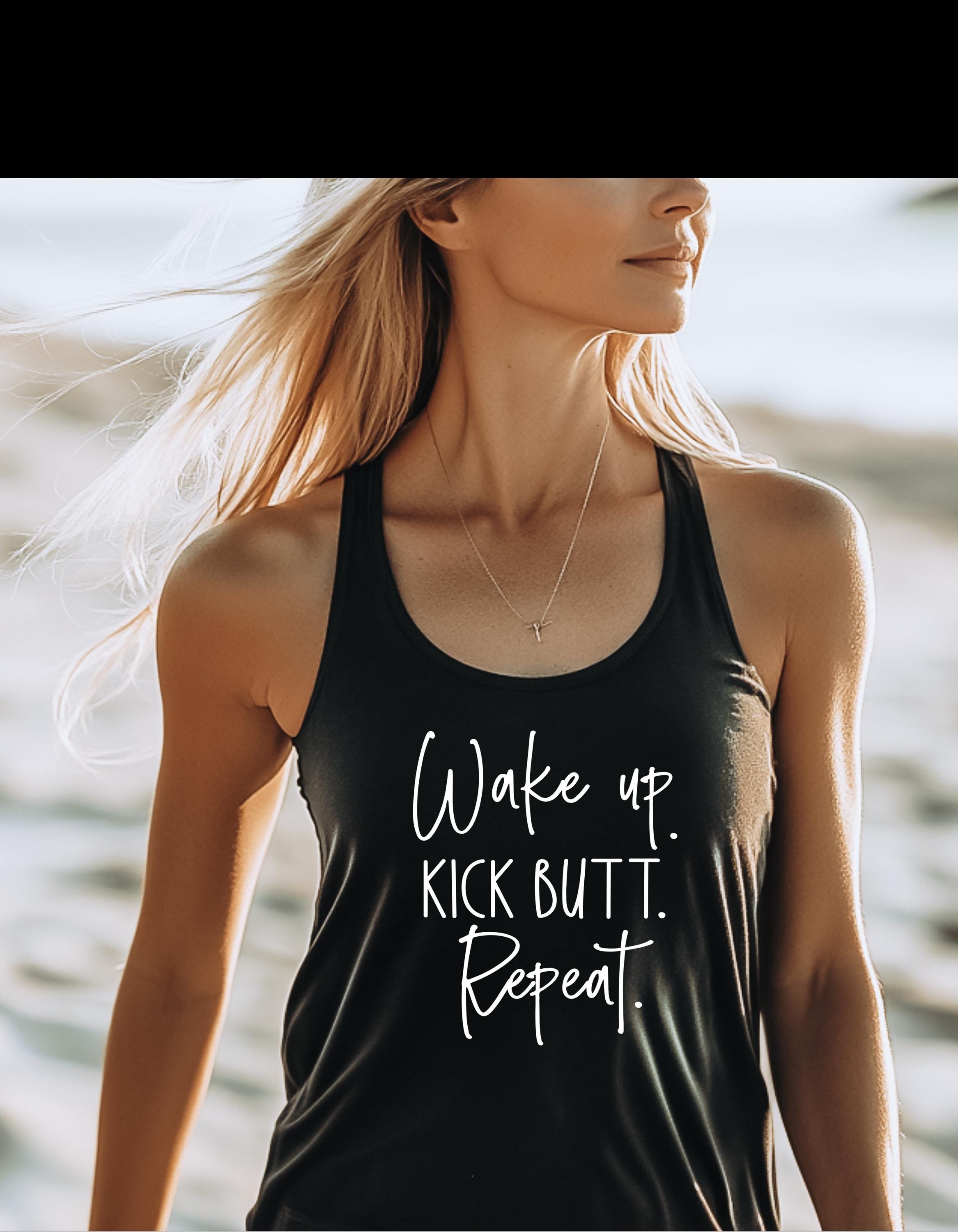 Wake Up Kick Butt Repeat Tank Top : Motivational Workout Shirt, Next Level 1533 Racerback, Fitness Gym Tank for Women, Girl Boss Activewear - Thumbnail 5