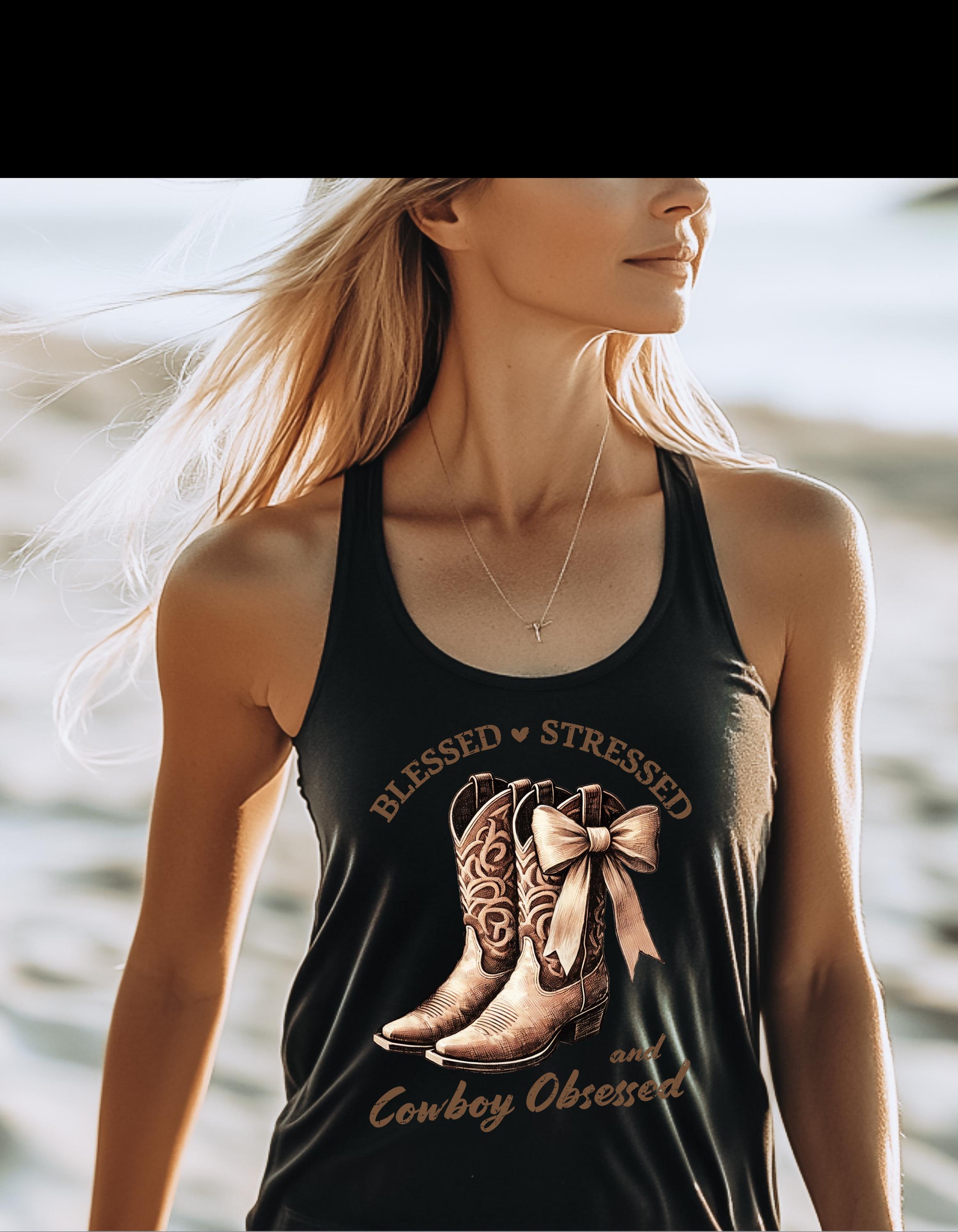Cowgirl Tank Top Stressed Blessed Cowboy Obsessed Western Graphic Racerback Country Girl Rodeo Summer Shirt - Thumbnail 5